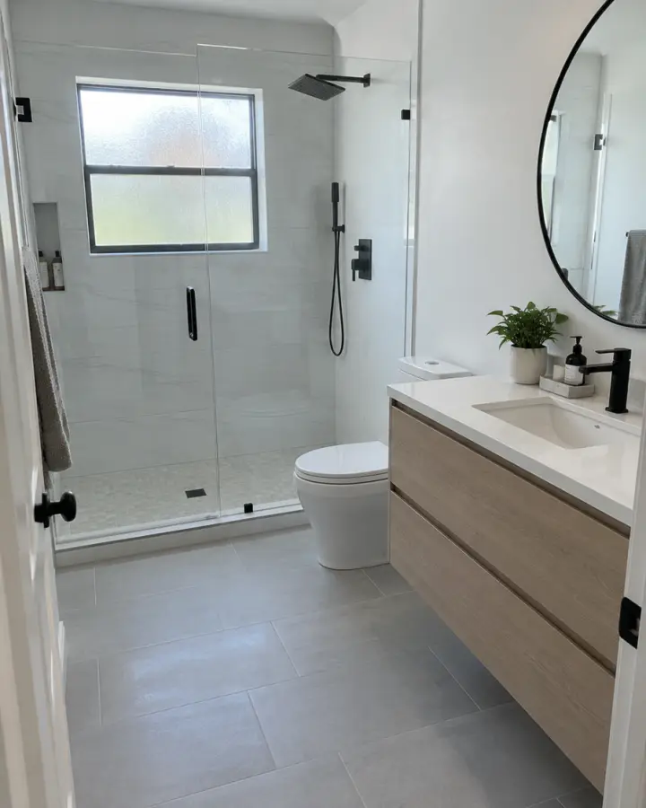 Bathroom with a glass walk-in shower and a wood vanity