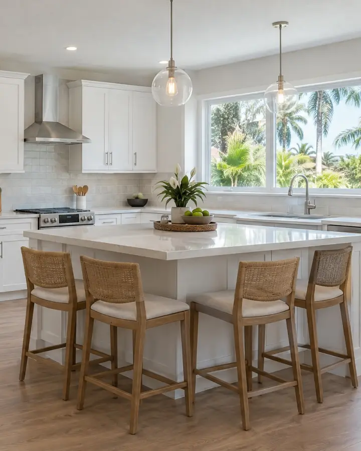 Bright kitchen with white cabinets and a quartz island